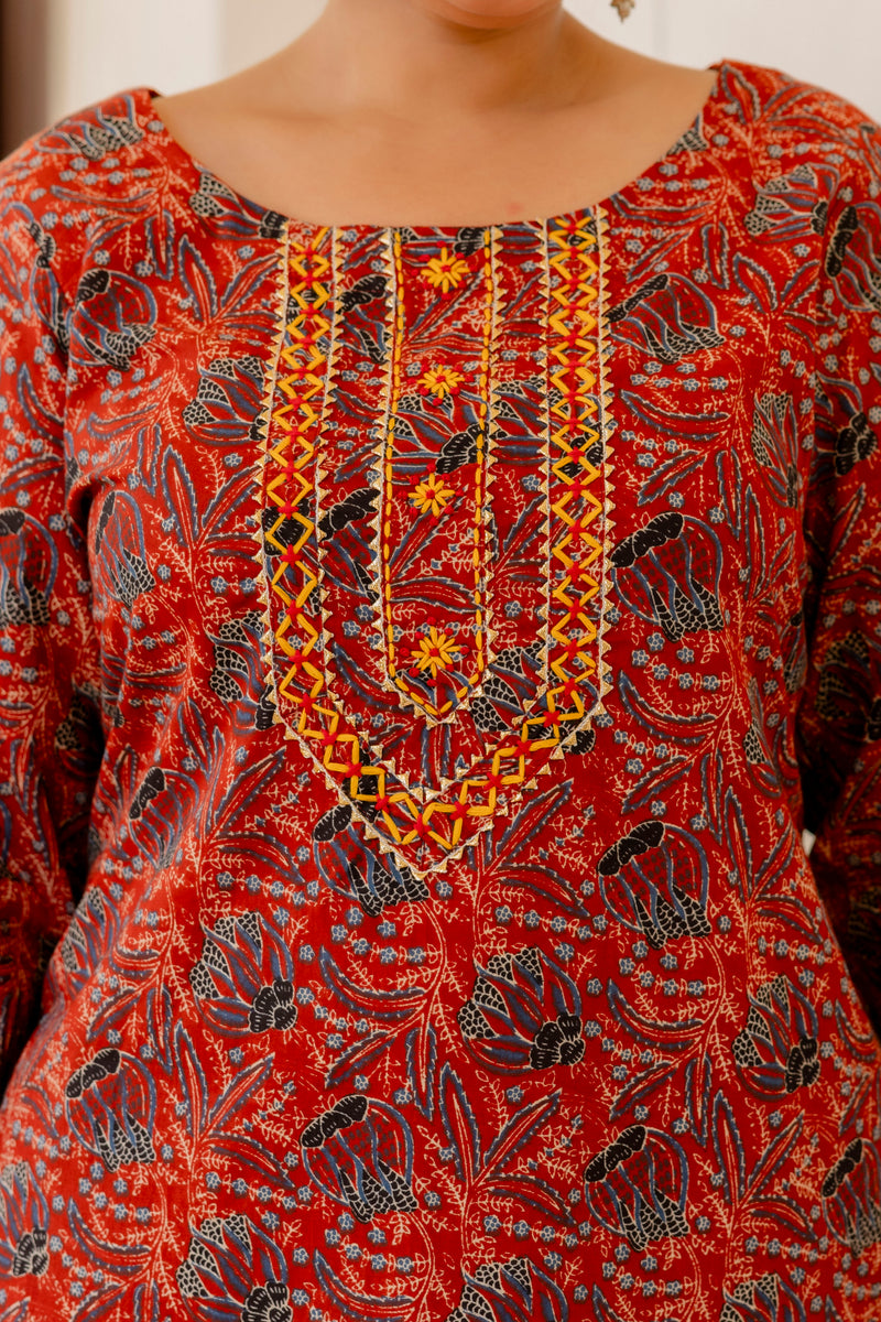 Red Printed Cotton Kurta Pant Dupatta Set for Women (Plus Size)