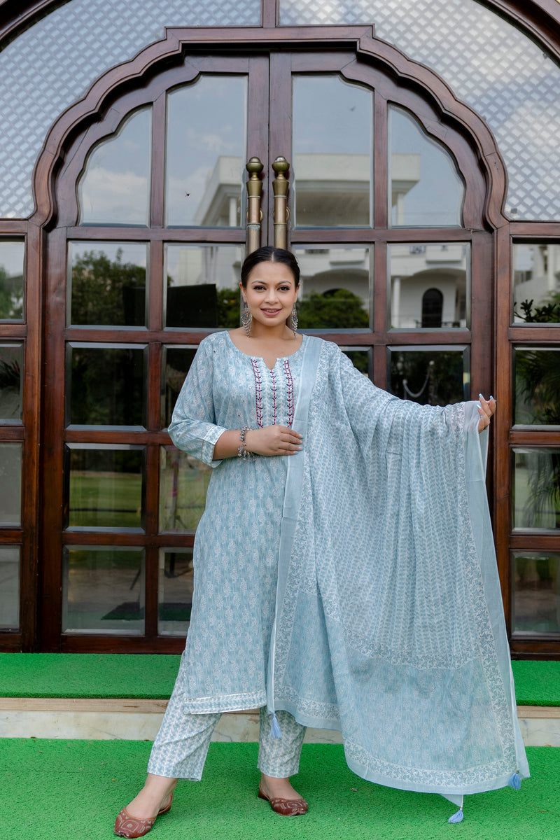 Light Blue Printed Cotton Kurta Pant Dupatta Set for Women (Plus Size)