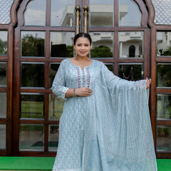 Light Blue Printed Cotton Kurta Pant Dupatta Set for Women (Plus Size)