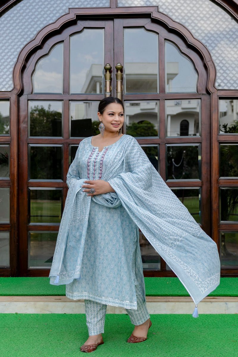 Light Blue Printed Cotton Kurta Pant Dupatta Set for Women (Plus Size)