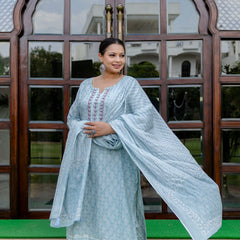 Light Blue Printed Cotton Kurta Pant Dupatta Set for Women (Plus Size)