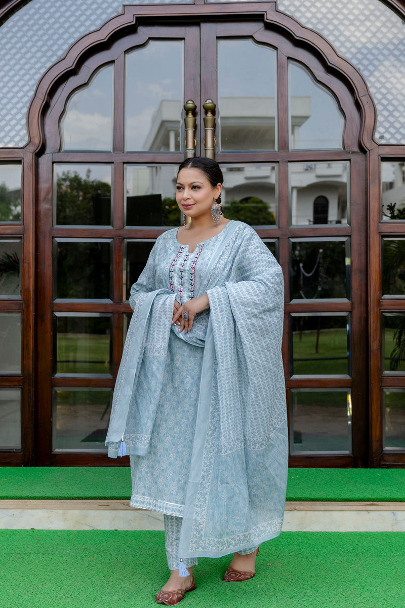 Light Blue Printed Cotton Kurta Pant Dupatta Set for Women (Plus Size)