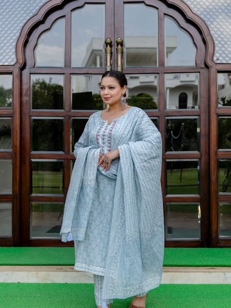 Light Blue Printed Cotton Kurta Pant Dupatta Set for Women (Plus Size)