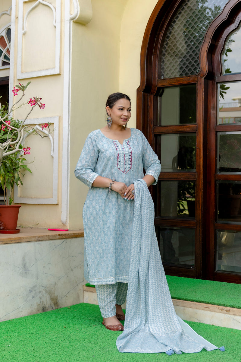 Light Blue Printed Cotton Kurta Pant Dupatta Set for Women (Plus Size)