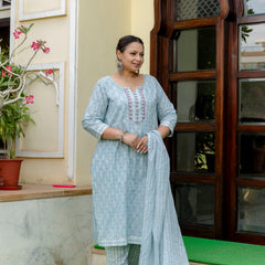 Light Blue Printed Cotton Kurta Pant Dupatta Set for Women (Plus Size)