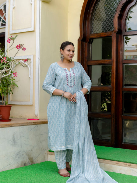 Light Blue Printed Cotton Kurta Pant Dupatta Set for Women (Plus Size)