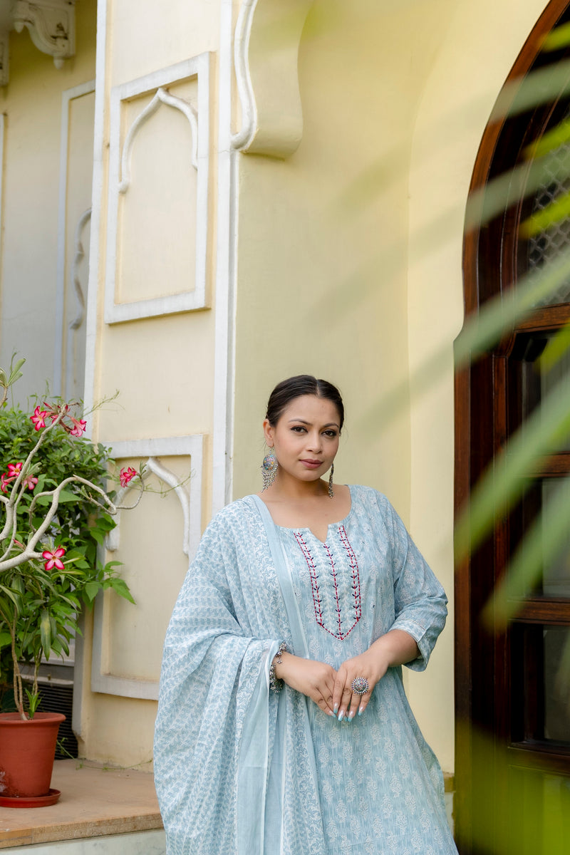 Light Blue Printed Cotton Kurta Pant Dupatta Set for Women (Plus Size)