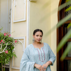 Light Blue Printed Cotton Kurta Pant Dupatta Set for Women (Plus Size)