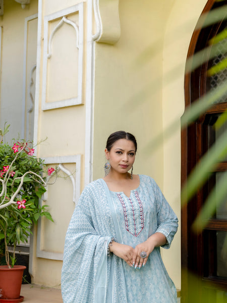 Light Blue Printed Cotton Kurta Pant Dupatta Set for Women (Plus Size)