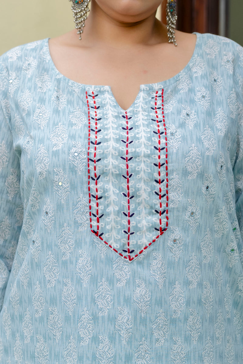 Light Blue Printed Cotton Kurta Pant Dupatta Set for Women (Plus Size)