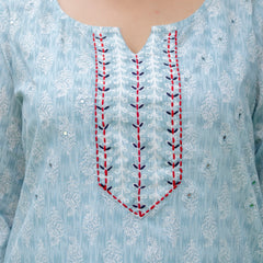 Light Blue Printed Cotton Kurta Pant Dupatta Set for Women (Plus Size)