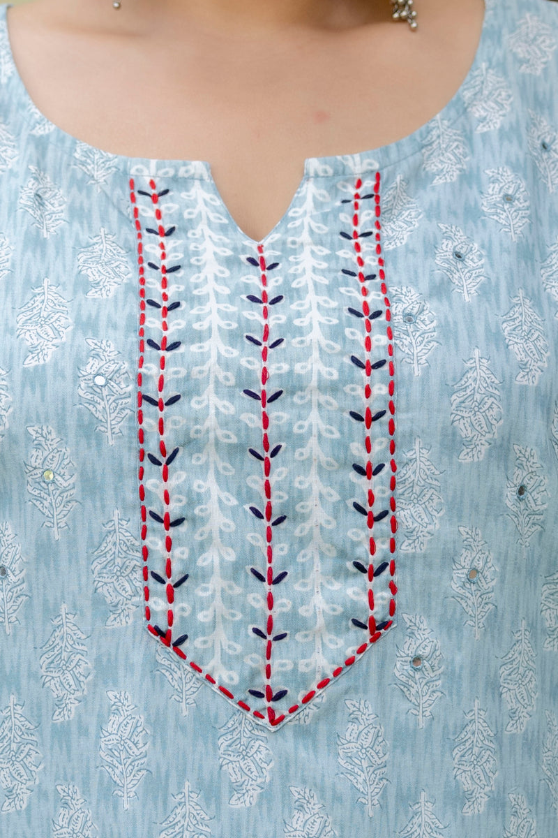 Light Blue Printed Cotton Kurta Pant Dupatta Set for Women (Plus Size)