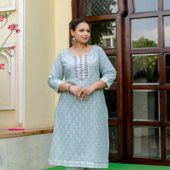 Light Blue Printed Cotton Kurta Pant Dupatta Set for Women (Plus Size)