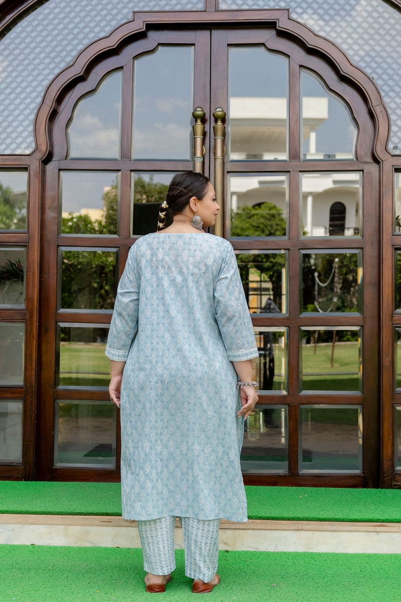 Light Blue Printed Cotton Kurta Pant Dupatta Set for Women (Plus Size)