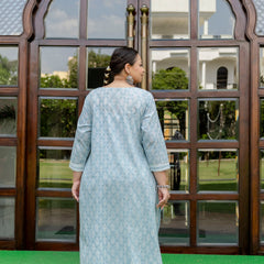 Light Blue Printed Cotton Kurta Pant Dupatta Set for Women (Plus Size)