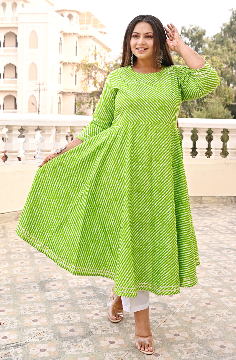 Green Rayon Printed Anarkali Kurti (Plus Size)