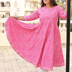 Pink Rayon Printed Anarkali Kurti (Plus Size)