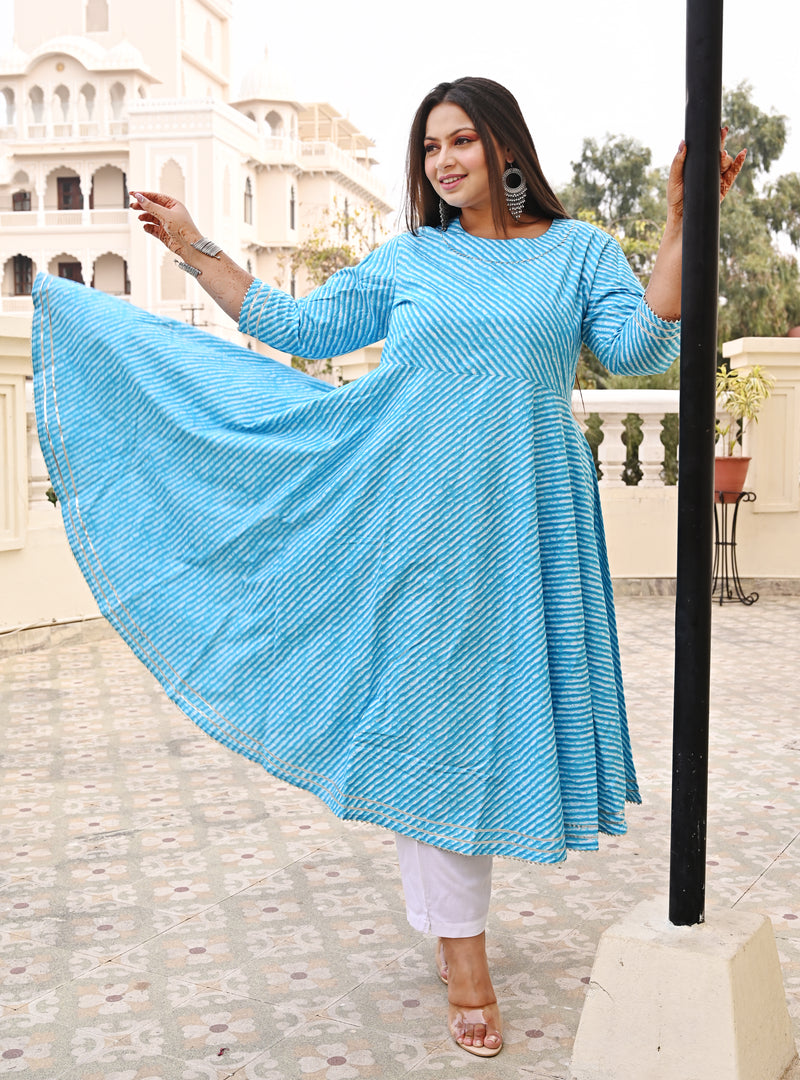 Turquoise Rayon Printed Anarkali Kurti (Plus Size)