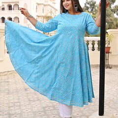 Turquoise Rayon Printed Anarkali Kurti (Plus Size)