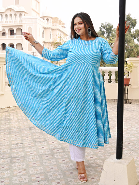 Turquoise Rayon Printed Anarkali Kurti (Plus Size)