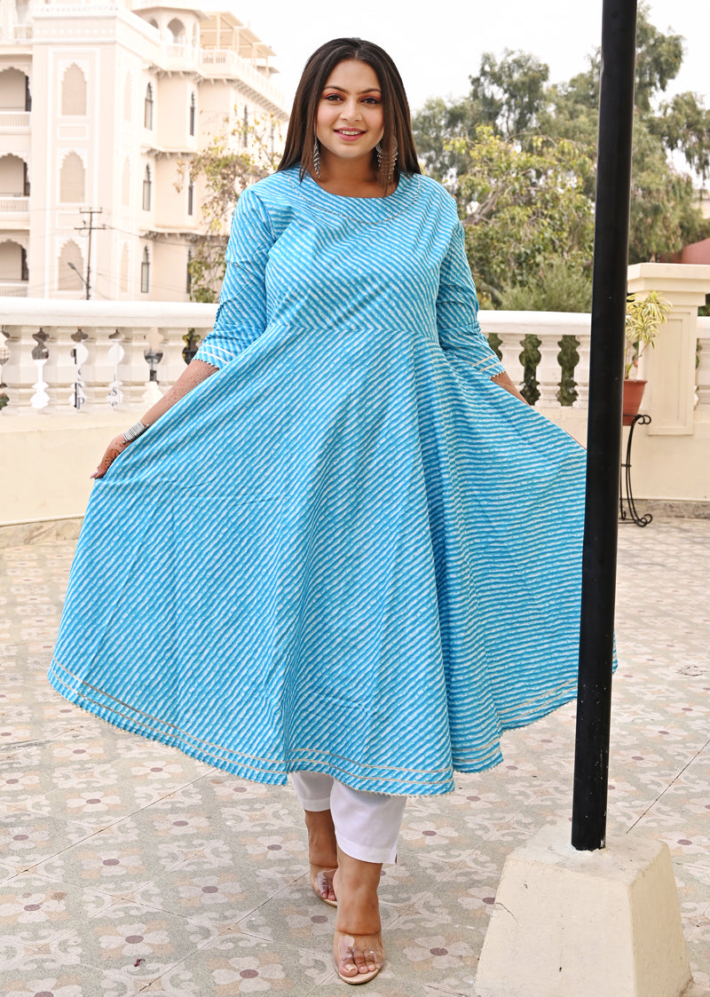 Turquoise Rayon Printed Anarkali Kurti (Plus Size)