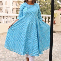 Turquoise Rayon Printed Anarkali Kurti (Plus Size)