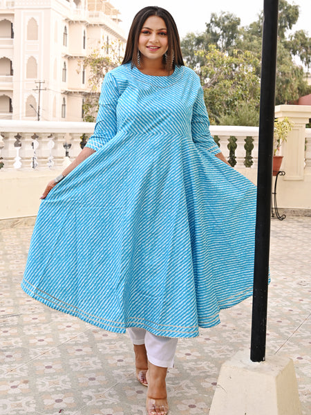 Turquoise Rayon Printed Anarkali Kurti (Plus Size)