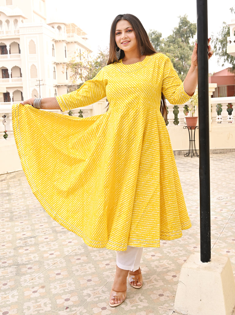Yellow Rayon Printed Anarkali Kurti (Plus Size)