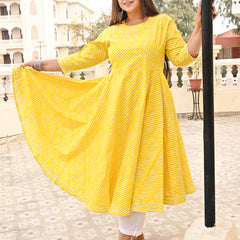 Yellow Rayon Printed Anarkali Kurti (Plus Size)