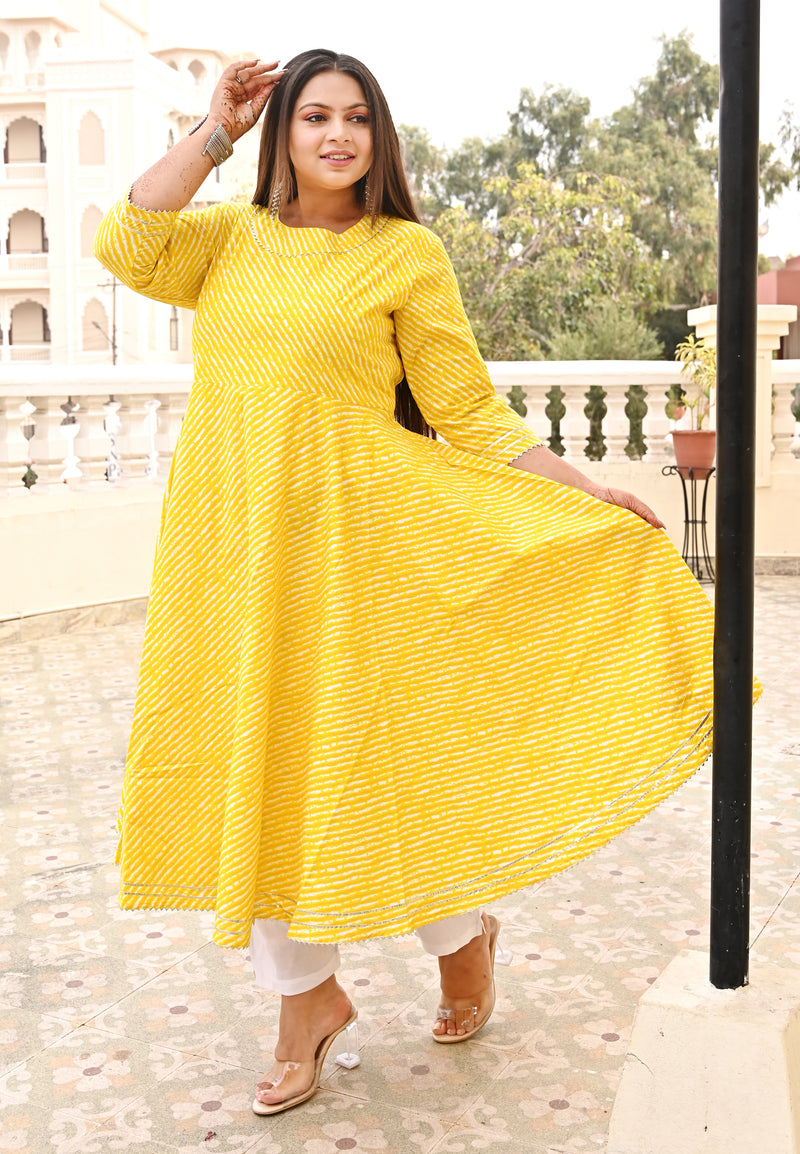 Yellow Rayon Printed Anarkali Kurti (Plus Size)