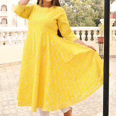 Yellow Rayon Printed Anarkali Kurti (Plus Size)