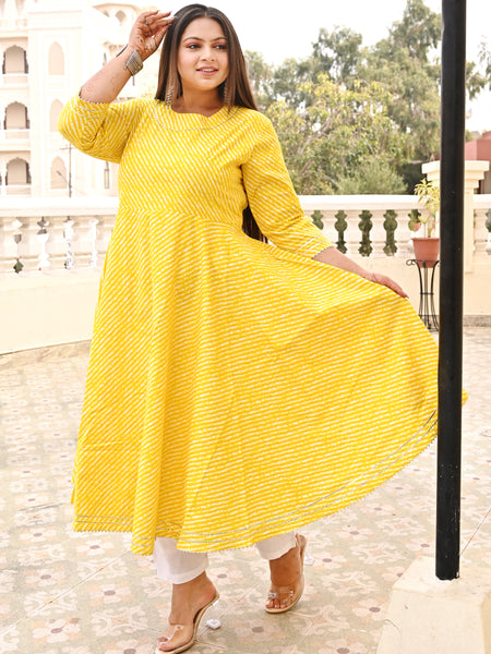 Yellow Rayon Printed Anarkali Kurti (Plus Size)