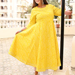 Yellow Rayon Printed Anarkali Kurti (Plus Size)