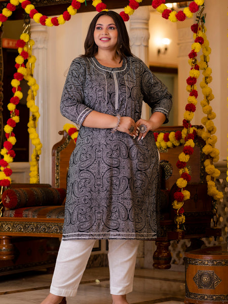 Cotton Printed Calf-Length Kurti with Three Quarter Sleeves