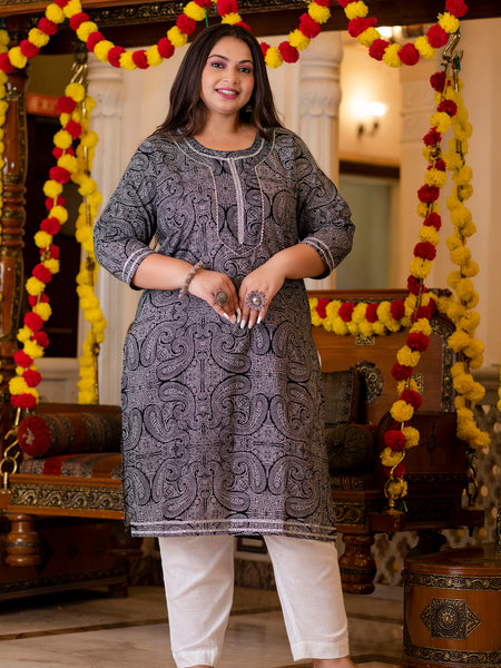 Cotton Printed Calf-Length Kurti with Three Quarter Sleeves