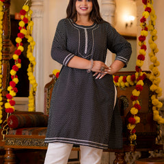Cotton Printed Black Calf-Length Kurti with Three Quarter Sleeves (Plus Size)