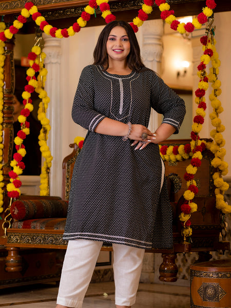 Cotton Printed Black Calf-Length Kurti with Three Quarter Sleeves (Plus Size)