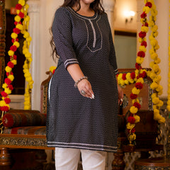 Cotton Printed Black Calf-Length Kurti with Three Quarter Sleeves (Plus Size)