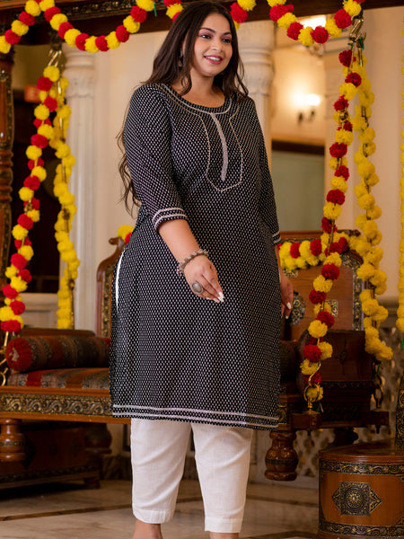 Cotton Printed Black Calf-Length Kurti with Three Quarter Sleeves (Plus Size)