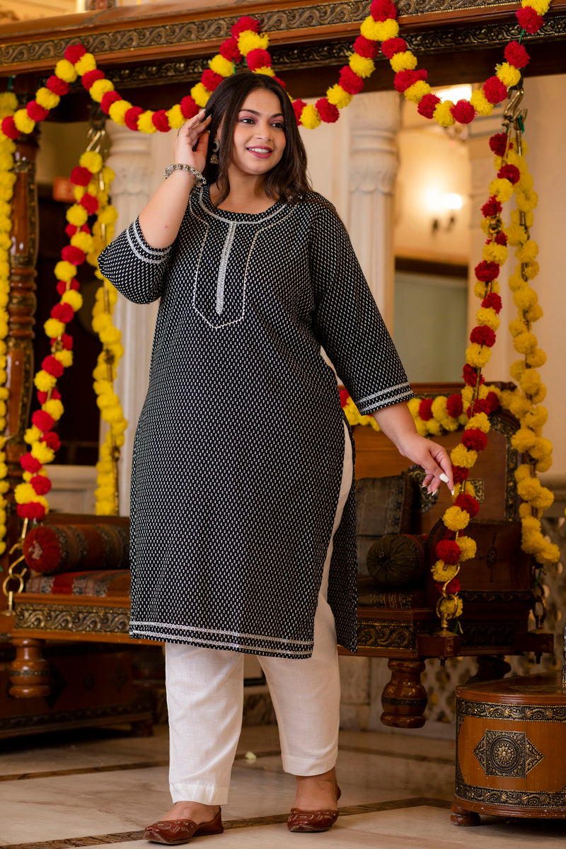 Cotton Printed Black Calf-Length Kurti with Three Quarter Sleeves (Plus Size)