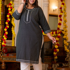 Cotton Printed Black Calf-Length Kurti with Three Quarter Sleeves (Plus Size)