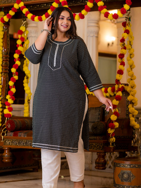 Cotton Printed Black Calf-Length Kurti with Three Quarter Sleeves (Plus Size)