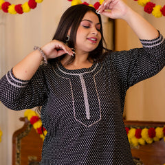 Cotton Printed Black Calf-Length Kurti with Three Quarter Sleeves (Plus Size)
