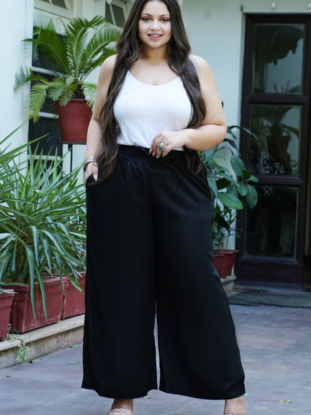 Black Rayon Solid Palazzo (Plus Size)