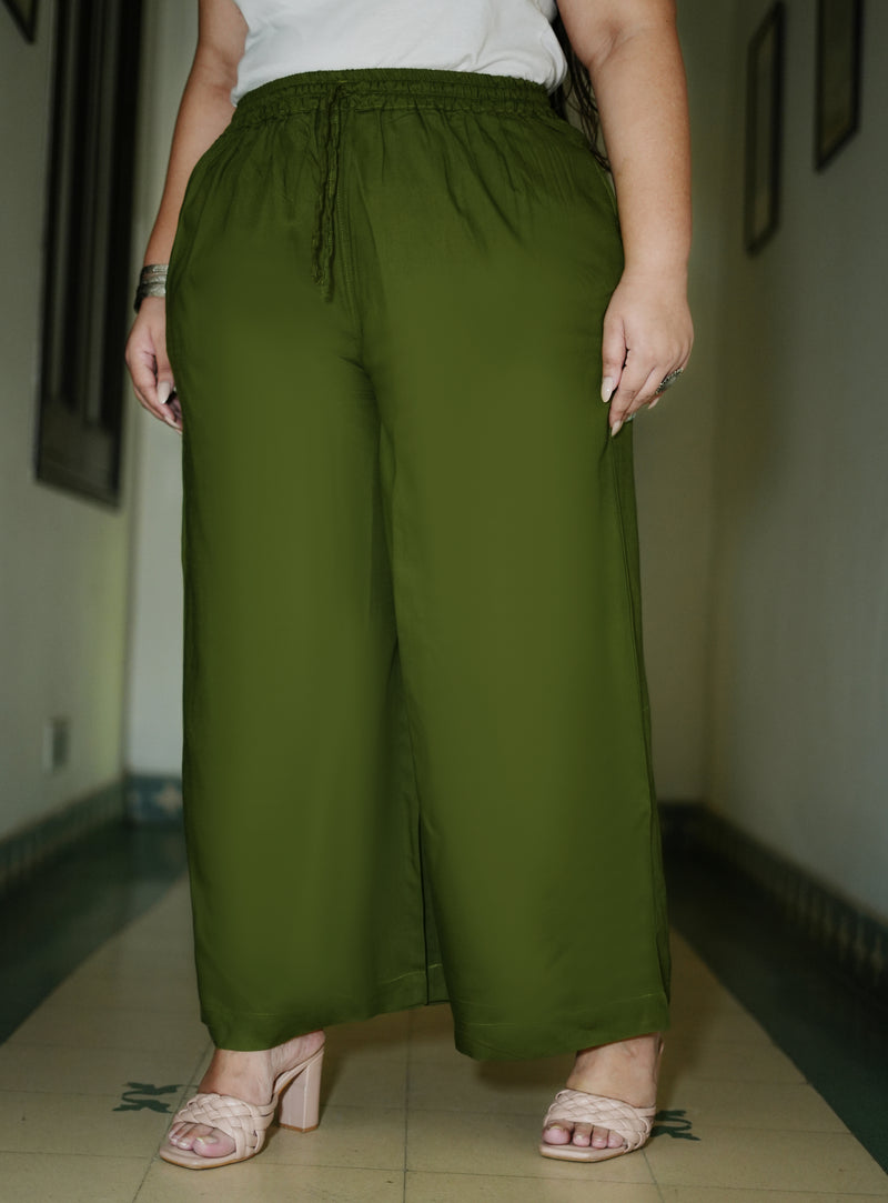 Dark Green Rayon Solid Palazzo (Plus Size)