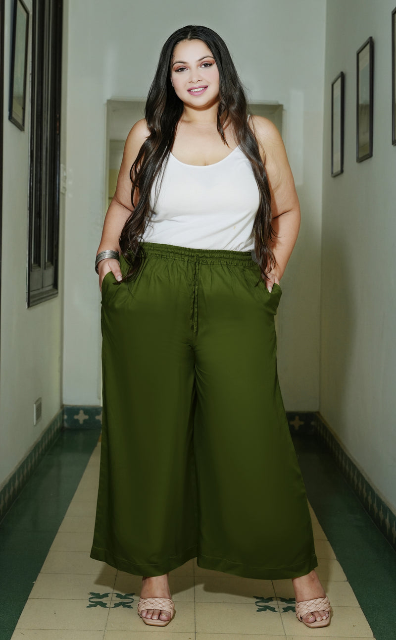 Dark Green Rayon Solid Palazzo (Plus Size)