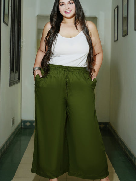 Dark Green Rayon Solid Palazzo (Plus Size)