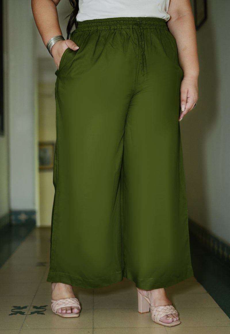 Dark Green Rayon Solid Palazzo (Plus Size)