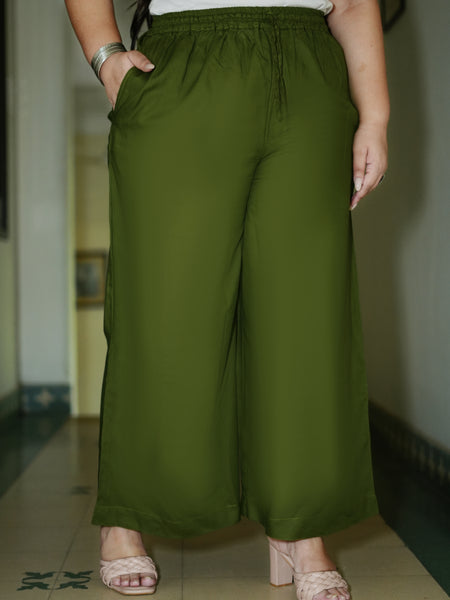Dark Green Rayon Solid Palazzo (Plus Size)