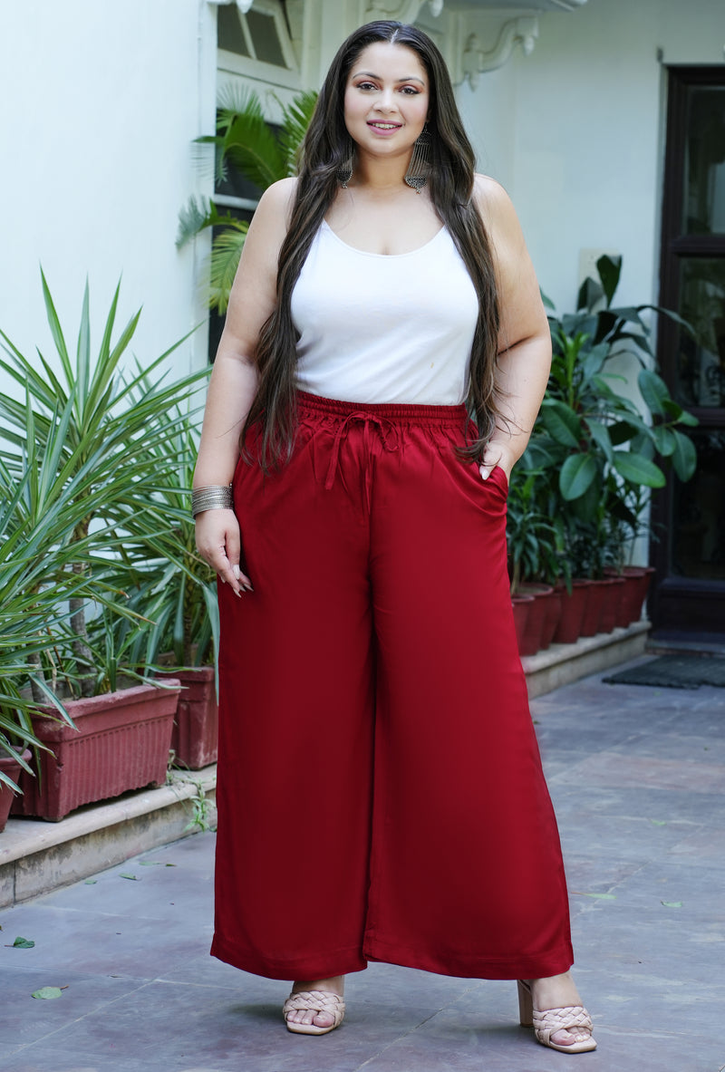 Maroon Rayon Solid Palazzo (Plus Size)
